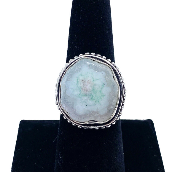 Solar Quartz Silver Vermeil Plated Ring Gray Green White Size 8 Unisex Boho - Picture 1 of 8